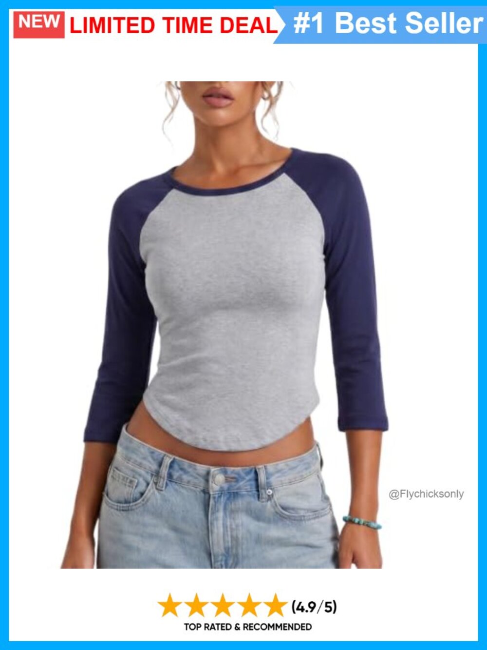 Women Y2k Color Block 3/4 Sleeve Shirt Crew Neck Slim Fit Curved Hem Tee